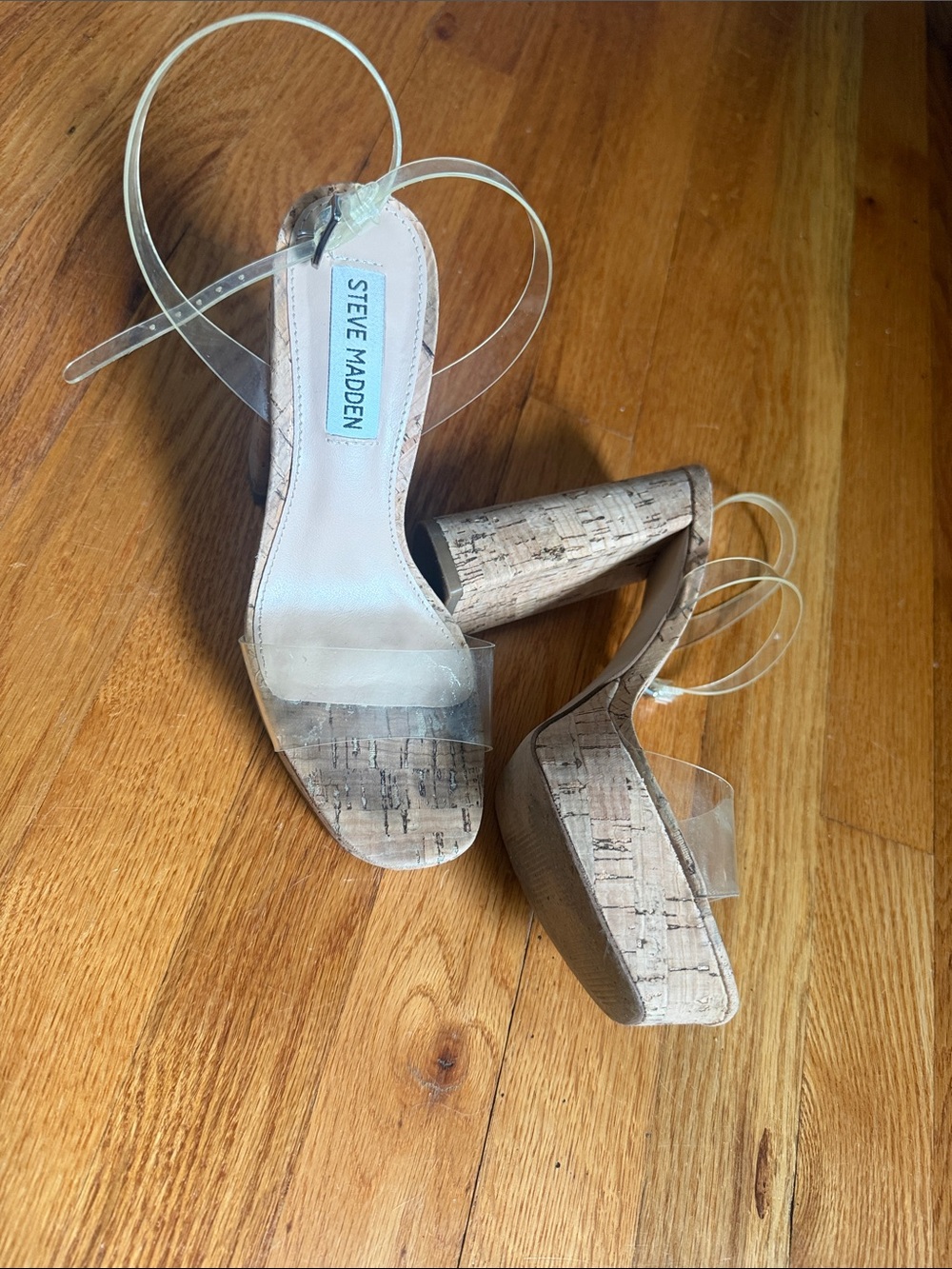 Steve Madden Clear Strap Cork Platform Sandals - Clear/Tan